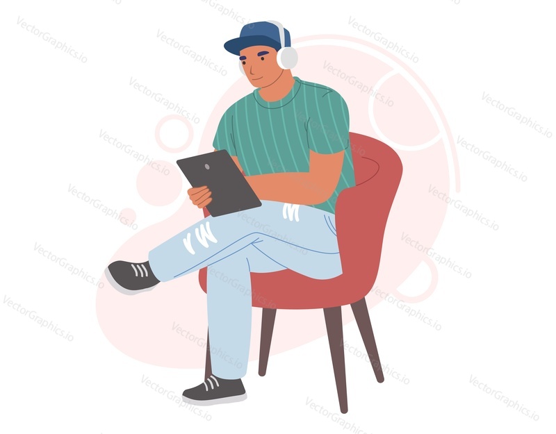 Человек в наушниках слушает аудиопрограммы на планшетном компьютере, плоская векторная иллюстрация. Персонаж мужского пола слушает музыку, радио, подкаст, аудиокнигу. Подкастинг, онлайн-радио, потоковое вещание.