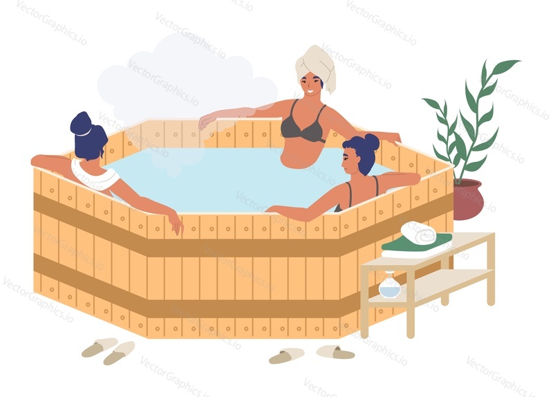 Счастливые женщины наслаждаются бочонком, японской гидромассажной ванной, плоской векторной иллюстрацией. Спа-курорт, сауна, банная терапия. Расслабление, рекреация и здоровый образ жизни.