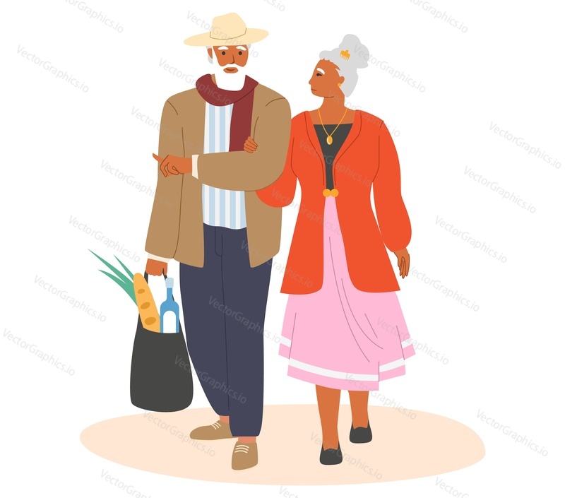 Пожилая пара, идущая по улице с продуктовой сумкой, плоская векторная иллюстрация. Счастливые пожилые мужчина и женщина вместе идут за продуктами. Пожилые люди ведут активный образ жизни.