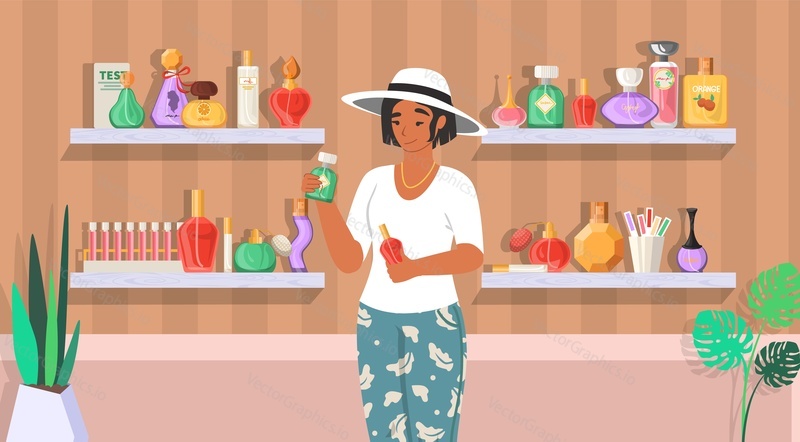 Perfume shop. Happy woman holding perfume bottles, flat vector illustration. Perfumery, department store interior with shelves full of fragrance products.