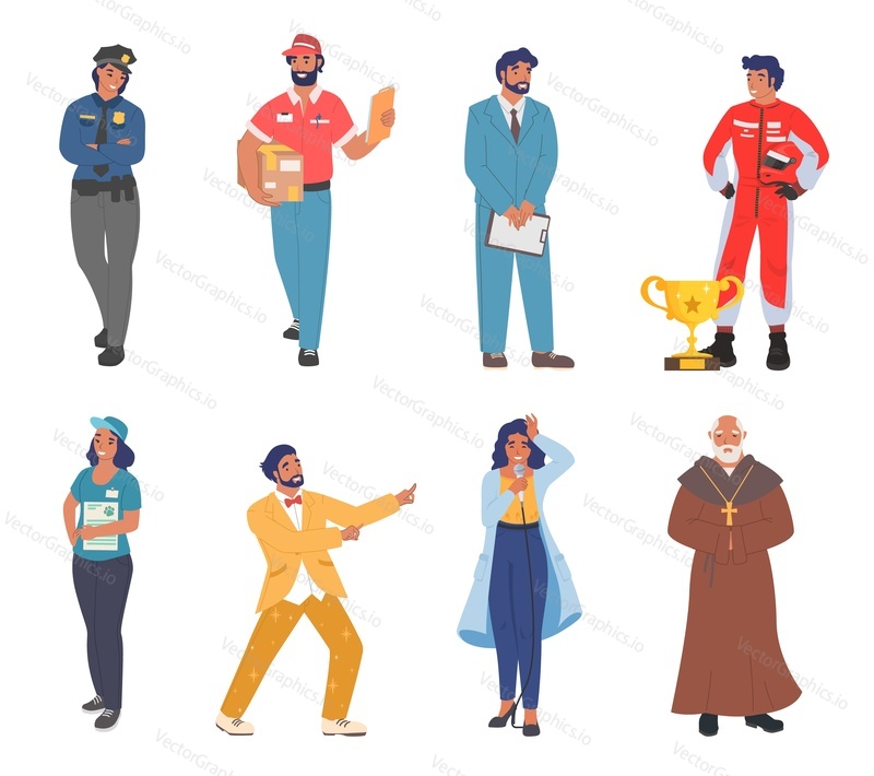 Люди разных профессий, плоская векторная иллюстрация. Рабочий в униформе, мультяшный персонаж. Бизнесмен, автогонщик, священник, шоумен, певец, курьер, женщина-полицейский.