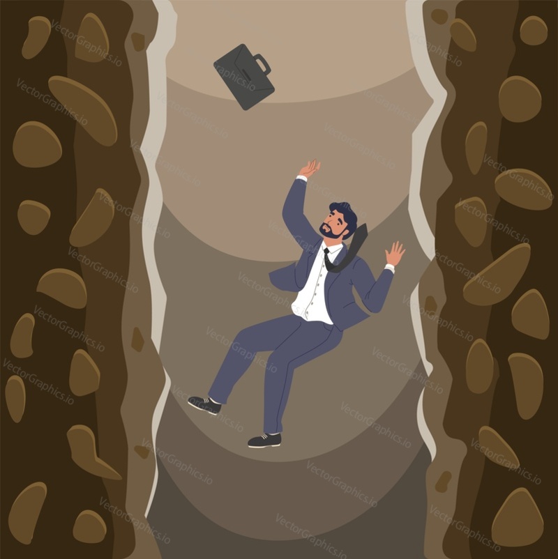 Businessman falling over cliffs into abyss, flat vector illustration. Business failure, bankruptcy, financial problems, career collapse. Business risk.
