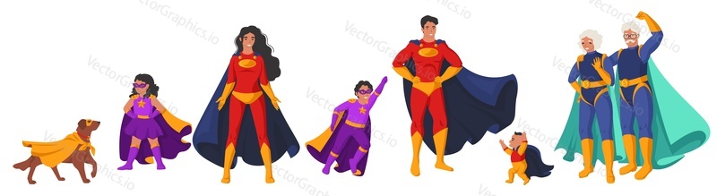 Семья супергероев, плоская векторная изолированная иллюстрация. Счастливые улыбающиеся бабушки и дедушки, родители, мама и папа, дети и любимая собака в костюмах супергероев.