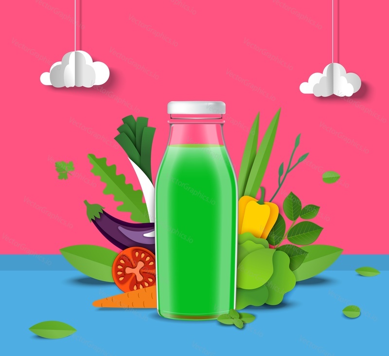 Шаблон дизайна рекламного плаката натурального овощного сока. Реалистичная стеклянная бутылка зеленого сока, нарезанный бумагой свежий помидор, перец, морковь, векторная иллюстрация. Витаминный напиток. Реклама бренда полезных органических напитков