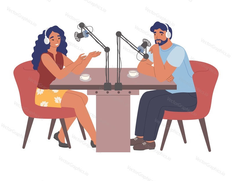 Молодые мужчина и женщина в наушниках записывают аудиоподкаст в студии с микрофонами, плоская векторная иллюстрация. Радиоведущий берет интервью у гостя. Подкастинг, радиовещание, онлайн-радио.