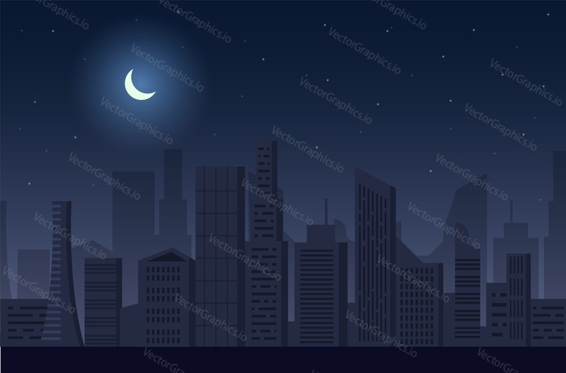 Затемнение ночного города, векторная иллюстрация. Городской пейзаж со звездным небом, луной и силуэтами небоскребов без электричества. Темный городской пейзаж. Отключение электроэнергии.