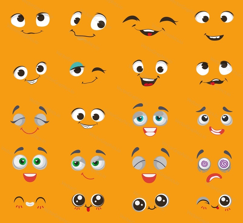 Набор мультяшных персонажей Emoji, векторная иллюстрация. Комический смайлик с грустным, счастливым, сумасшедшим, испуганным, скучающим выражением лица. Забавная улыбка, милые персонажи-эмодзи, выражающие разные чувства и эмоции.
