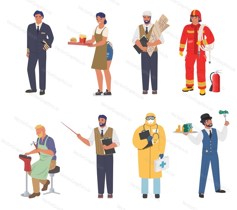 Люди разных профессий, плоская векторная иллюстрация. Рабочие в униформе, мужской и женский набор символов. Пилот, официантка, бизнесмен, врач, архитектор, пожарный, учитель и сапожник