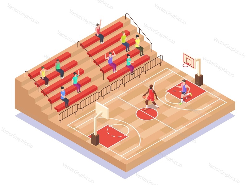 Изометрическая баскетбольная площадка, игроки и болельщики, плоская векторная иллюстрация. Баскетбольная спортивная площадка, детская площадка.