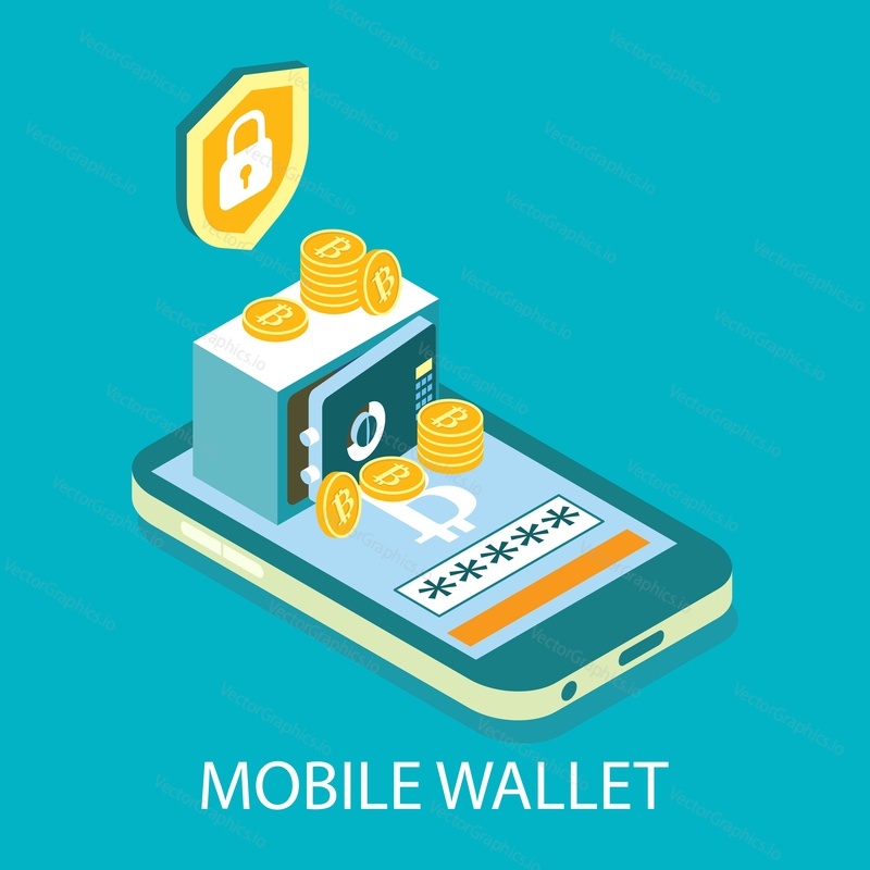 Мобильный криптовалютный кошелек, плоская векторная иллюстрация. Изометрический смартфон с сейфом, полным биткоинов, shield. Хранилище цифровых денег, онлайн-кошелек для крипто-монет.