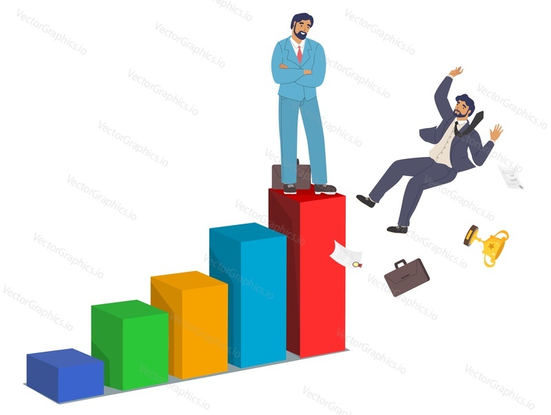 Office worker, employee falling down from bar chart top, flat vector illustration. Businessman could not withstand business competition. Professional career collapse, business failure.