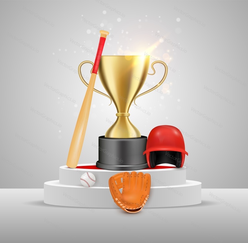 Realistic gold champion cup, baseball mitt, helmet, ball and bat on white round winner podium, vector illustration. Baseball sport game championship trophy, award.