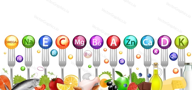 Красочные витаминно-минеральные шарики и продукты, богатые витаминами, векторная иллюстрация. Реалистичная рыба из красного лосося, фрукты и овощи, молочные продукты. Диета, здоровое питание, натуральные пищевые добавки.