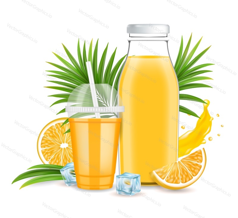 Стеклянная бутылка апельсинового сока, пластиковый стаканчик, свежие фрукты, кубики льда и брызги жидкости, векторная иллюстрация. Вкусная и освежающая композиция из цитрусового сока для плаката, баннера, флаера, упаковки и т.д.