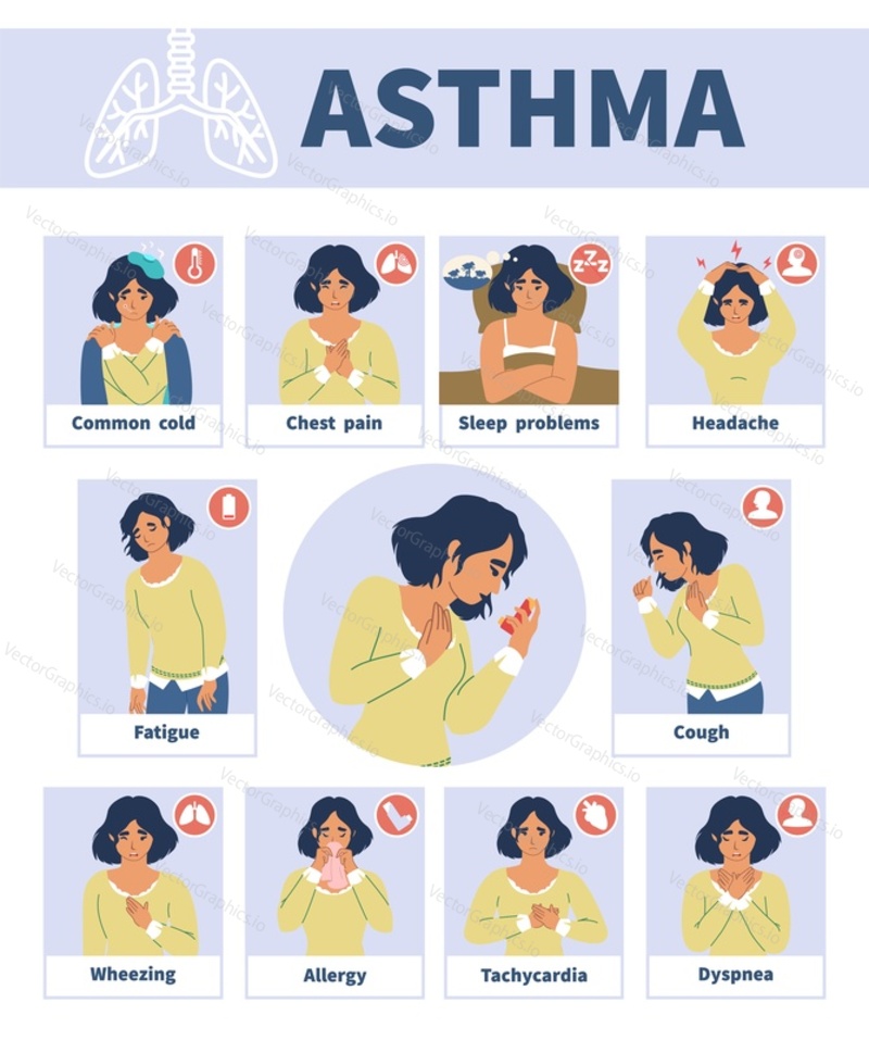 Векторная инфографика признаков и симптомов астмы, медицинский плакат. Проблемы у астматиков. Кашель и боль в груди, затрудненное дыхание, свистящее дыхание, аллергия, головная боль, усталость, паника и т.д.