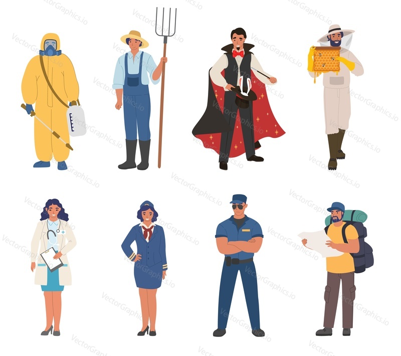 Люди разных профессий, плоская векторная иллюстрация. Стюардесса, иллюзионист, врач, пчеловод, охранник, рабочий-фермер, персонажи мультфильмов мужского и женского пола в униформе.