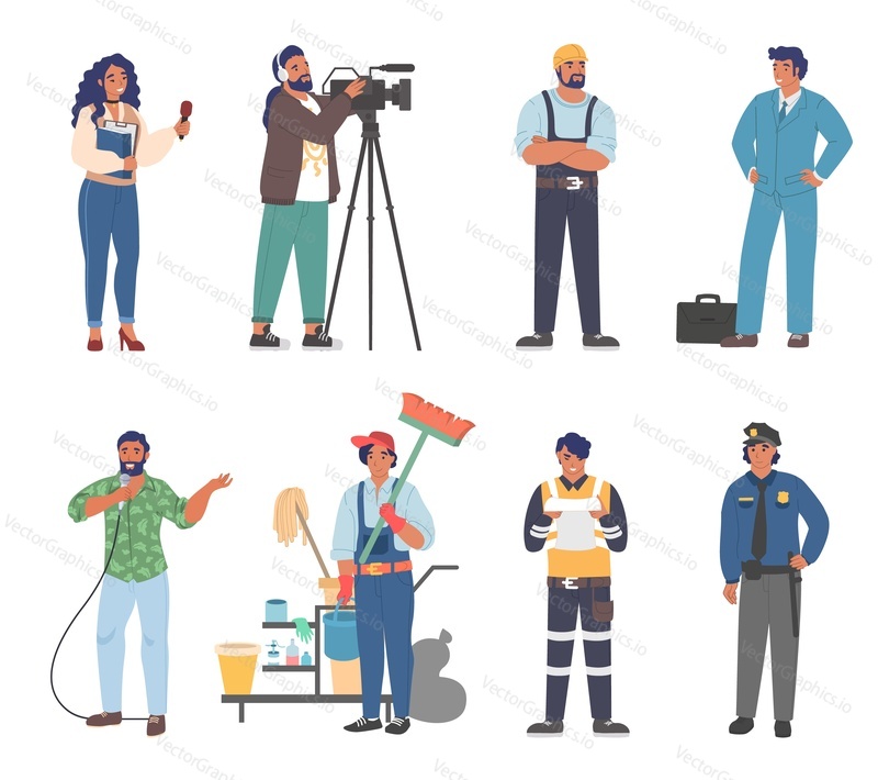 Люди разных профессий, плоская векторная иллюстрация. Рабочий в униформе, мультяшный персонаж. Видеограф, бизнесмен, журналист, певец, полицейский, строитель, уборщица.