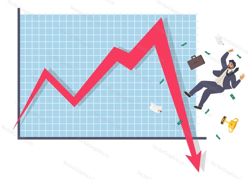 Падающая вниз диаграмма со стрелкой, бизнесмен, деньги и кубок-трофей, плоская векторная иллюстрация. Неудача бизнеса, крах, финансовые проблемы, банкротство, экономический кризис.