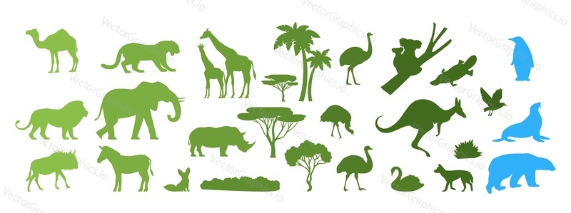 Силуэты африканских, австралийских, арктических диких животных, векторная иллюстрация. Вырезанные из бумаги кенгуру, медведи коала, тюлень, страус, носорог, лев, жираф, слон. Спасайте животных и открывайте для себя дикую природу. Зоопарк, зоология.