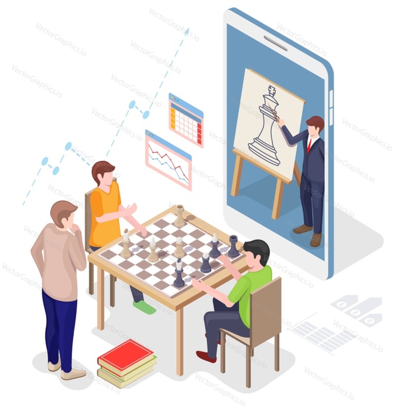 Игроки-персонажи мужского пола, играющие в настольную шахматную игру с помощью учителя или тренера со смартфона, плоская векторная изометрическая иллюстрация. Онлайн-шахматная школа, курсы, занятия.