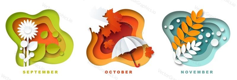 Сентябрь, октябрь и ноябрь - месяцы осеннего сезона. Желтые, красные, оранжевые листья, зонтик, векторная иллюстрация в стиле бумажного искусства. Набор декоративных осенних композиций для календаря, открытки и т.д.