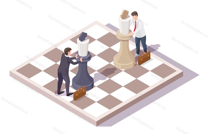 Персонажи-бизнесмены, играющие в настольную шахматную игру, плоская векторная изометрическая иллюстрация. Деловая конкуренция, война, конкурентная борьба в концепции бизнеса.