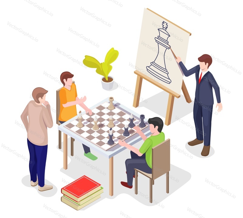 Учитель шахмат, тренер, обучающий персонажей мужского пола играть в настольную стратегическую игру, плоская векторная изометрическая иллюстрация. Шахматная академия, обучение, курсы, школа, клуб.