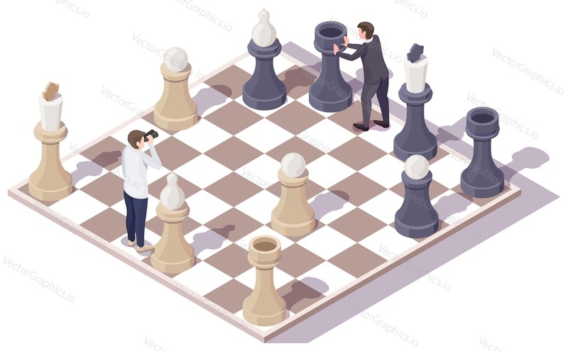 Персонажи-бизнесмены, играющие в настольную шахматную игру, плоская векторная изометрическая иллюстрация. Деловая конкуренция, концепция стратегии.