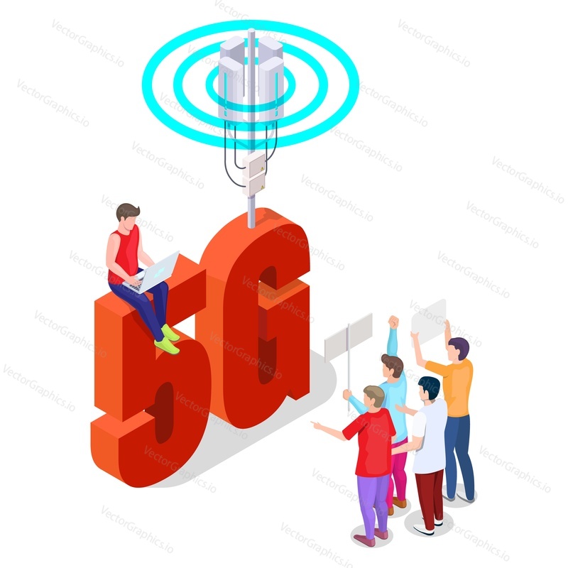 Anti 5g activists with placards protesting against new high speed cell towers, flat vector isometric illustration. Demonstration against 5G mobile technology dangerous to public health, environment.