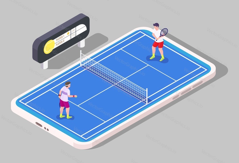 Мобильная игра в теннис, плоская векторная изометрическая иллюстрация. Теннисный корт, игроки и табло на экране смартфона. Соревнование по спортивной онлайн-игре.