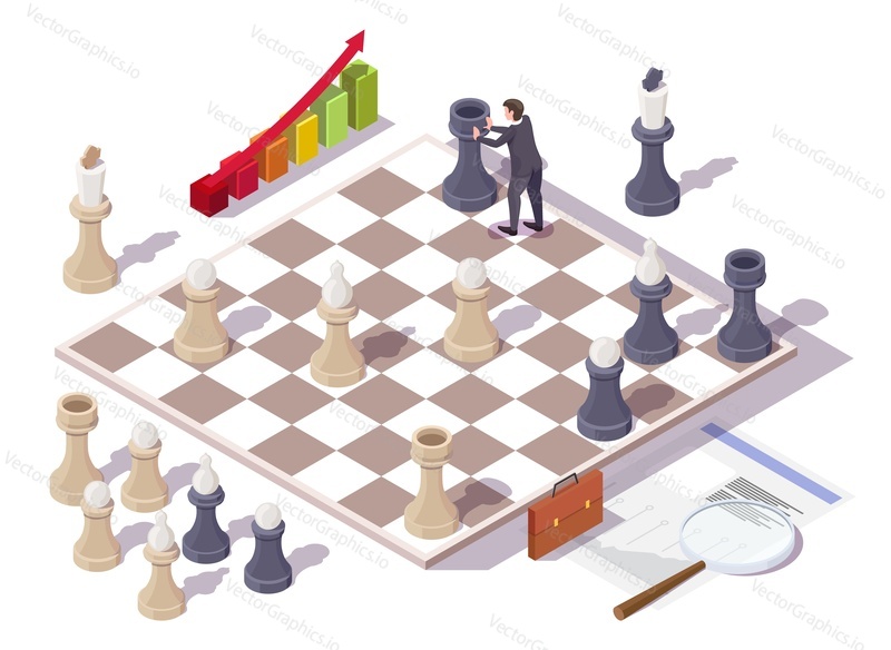 Бизнесмен играет в настольную игру в шахматы, плоская векторная изометрическая иллюстрация. Концепция бизнес-стратегии.