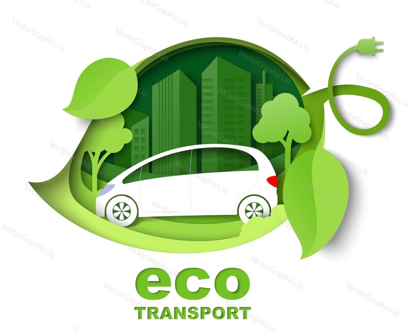 Зеленый лист с электромобилем, силуэты городских зданий, векторная иллюстрация в стиле бумажного искусства. Экологически чистый город, концепция экологического транспорта.