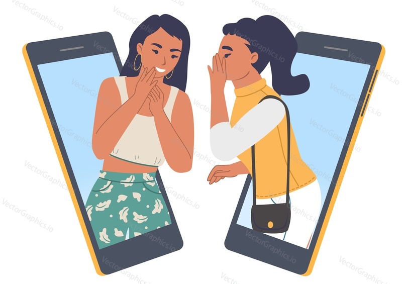 Две девушки шепотом разговаривают друг с другом по мобильному телефону, общаясь онлайн, плоская векторная иллюстрация. Молодые женщины сплетничают, распространяют слухи, делятся секретами в Интернете.