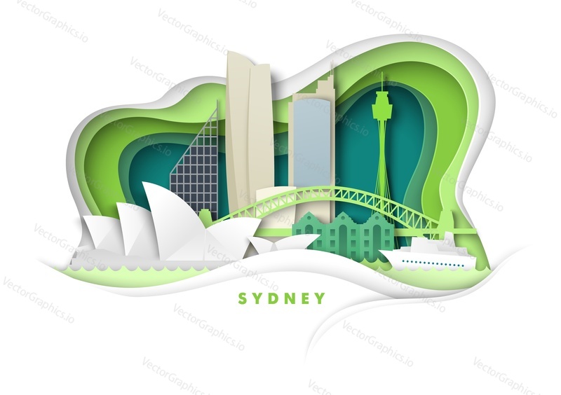 Город Сидней, Австралия, векторная иллюстрация в стиле бумажного искусства. Сиднейский мост Харбор-Бридж, Оперный театр, всемирно известные достопримечательности и туристические аттракционы. Путешествия по всему миру.