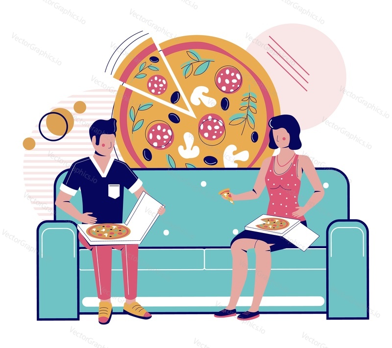 Счастливая пара ест пиццу навынос, сидя дома на диване, плоская векторная иллюстрация. Быстрая доставка еды. Дегустация пиццы.