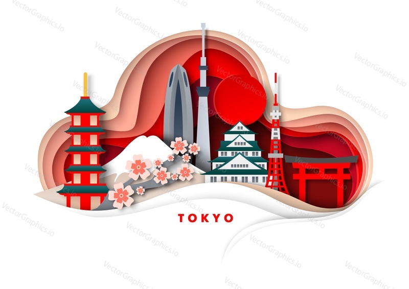 Город Токио, Япония, векторная иллюстрация в стиле бумажного искусства. Храмы, башни, знаменитые достопримечательности Японии и туристические аттракционы. Путешествия по всему миру.