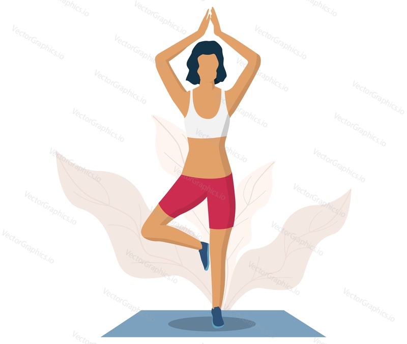 Женщина, занимающаяся йогой, плоская векторная иллюстрация. Поза йоги на дереве или врикшасана. Тренажерный зал, здоровый образ жизни.