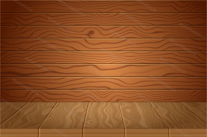 Фон деревянного стола, векторная иллюстрация. Реалистичная деревянная столешница, стена. Натуральная текстура дерева.