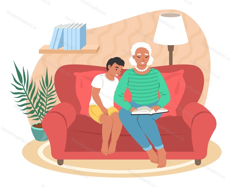 Счастливая бабушка читает книгу с внуком, сидя на диване, плоская векторная иллюстрация. Бабушка и внук проводят время вместе. Отношения между бабушкой, дедушкой и внуками.