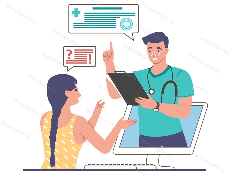 Онлайн-врач, помогающий пациентке-женщине с экрана компьютера, плоская векторная иллюстрация. Дистанционная медицинская консультация, телемедицина.