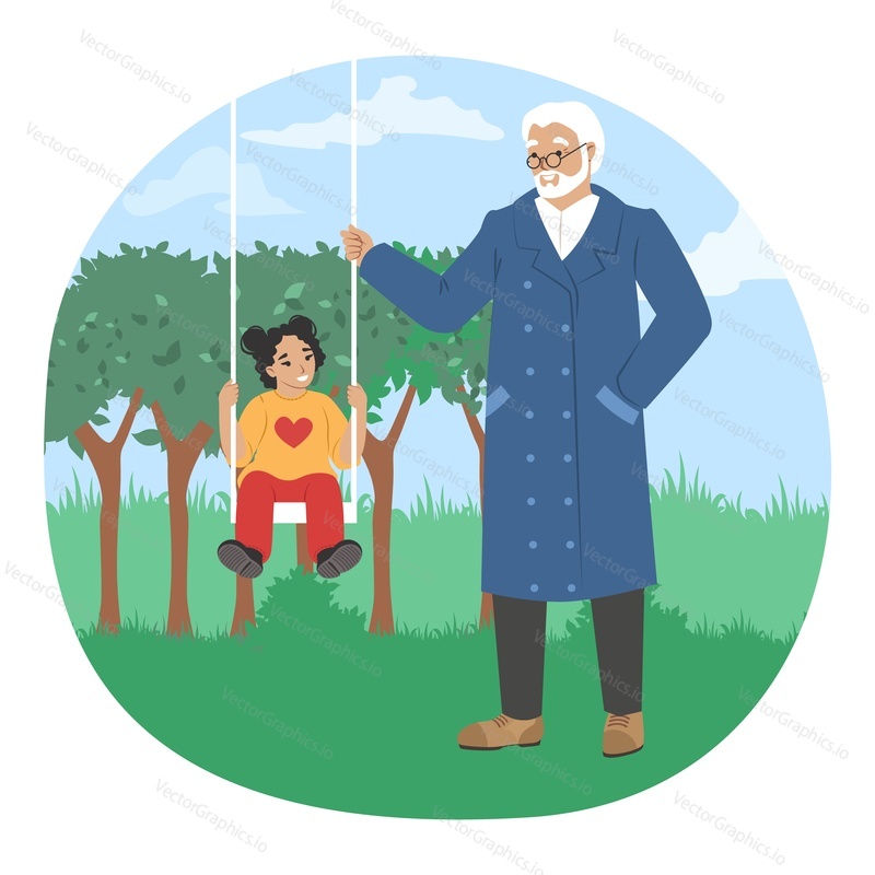 Счастливый дедушка качает внучку на качелях в парке, плоская векторная иллюстрация. Дедушка и внук проводят время вместе. Отношения между бабушкой и дедушкой и внуками. Семейный отдых на свежем воздухе.