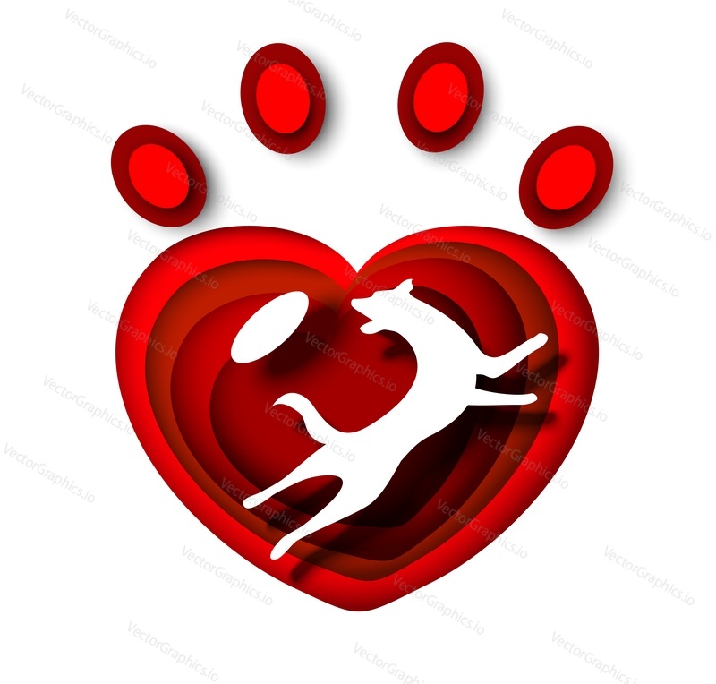 Белый силуэт счастливой собаки в форме красного сердца с отпечатком лапы домашнего животного, векторная иллюстрация в стиле бумажного искусства. Шаблон дизайна логотипа зоомагазина, приюта, ветеринара.
