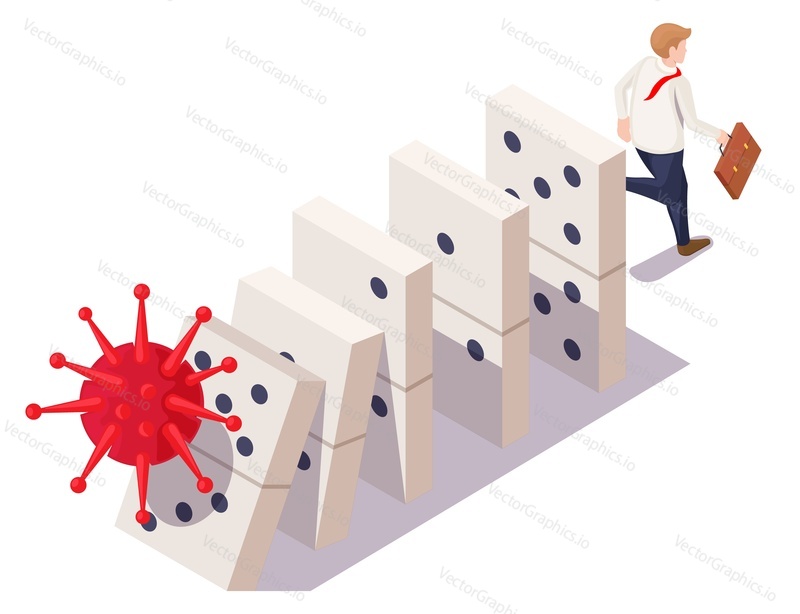 Businessman escaping from falling down dominoes caused by virus, flat vector isometric illustration. Coronavirus business failure, crisis, economic collapse, crash. COVID-19 pandemic domino effect.