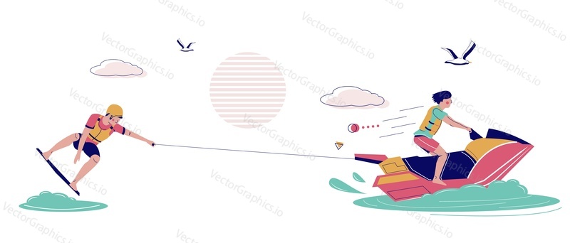 Мужчина-вейкбордист, буксируемый водным скутером, катающийся на вейкборде, плоская векторная иллюстрация. Летние пляжные развлечения, экстремальный водный спорт на вейкборде.