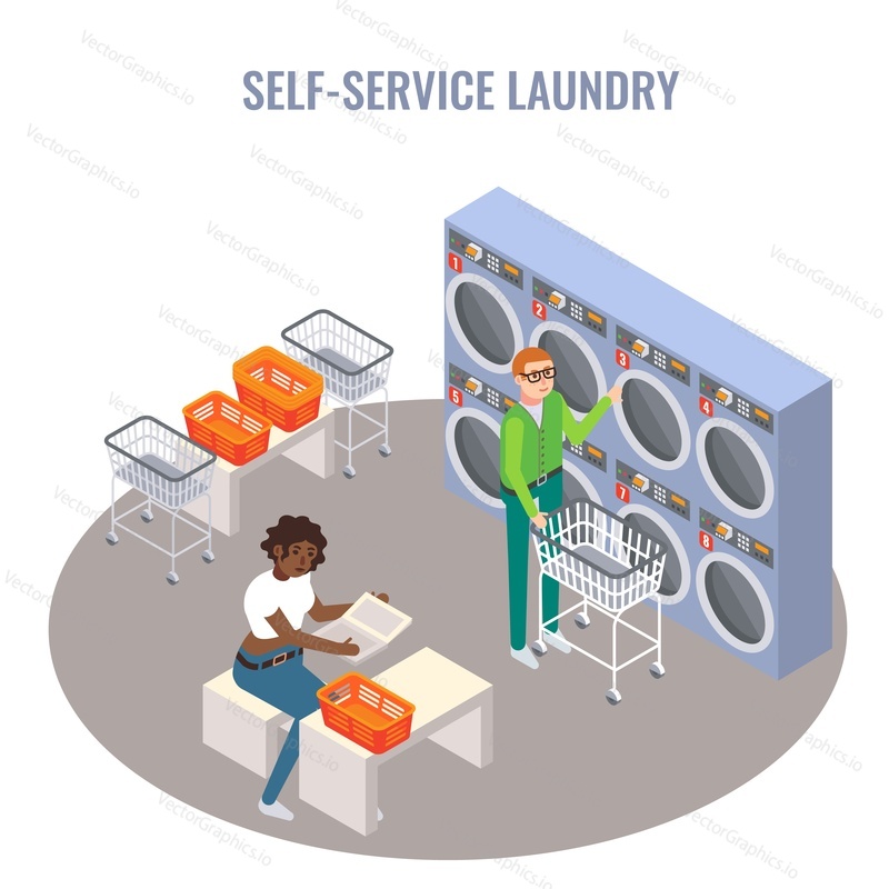 Люди, пользующиеся прачечной самообслуживания, сами стирают и сушат свою одежду, плоская векторная изометрическая иллюстрация. Бизнес-прачечная самообслуживания.