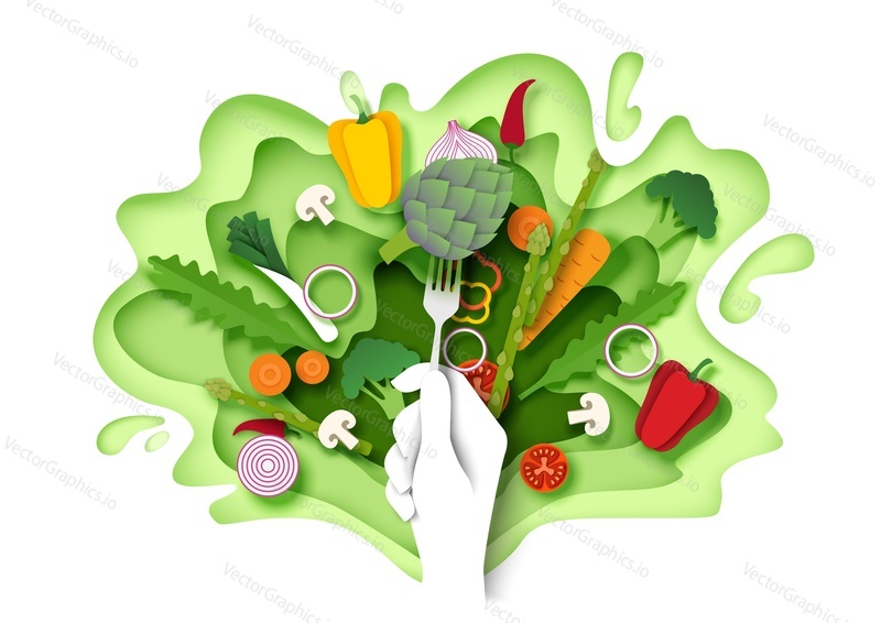 Fresh vegetables and hand holding fork with artichoke, vector illustration in paper art style. Healthy diet, vegetarian meal. Healthy food poster, banner design template.