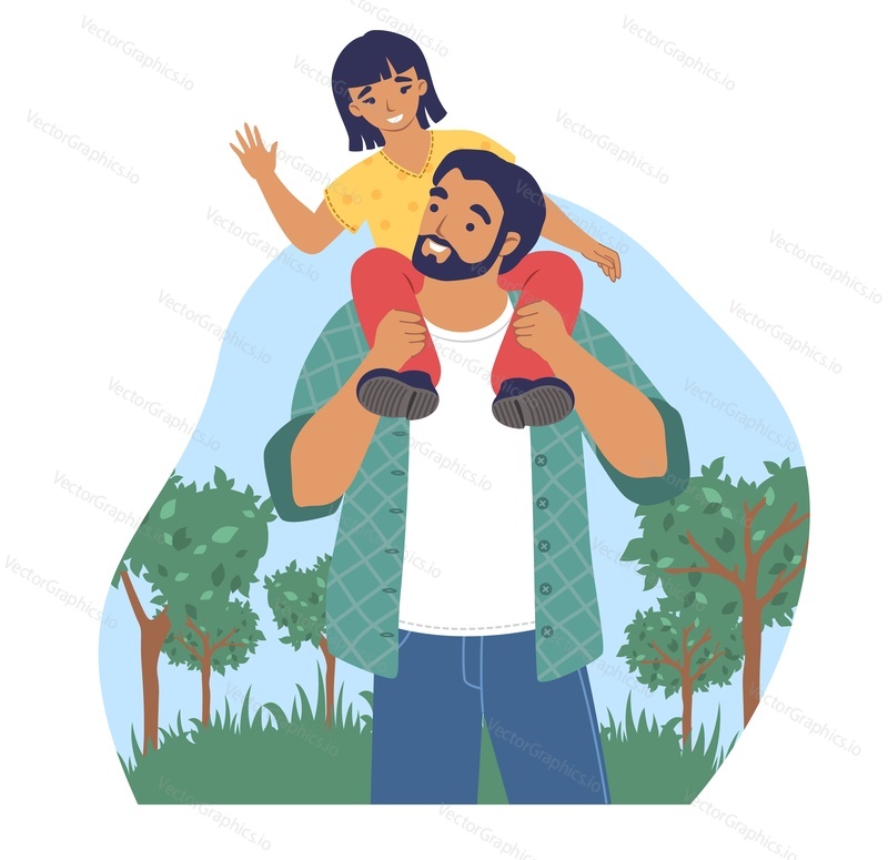 Счастливый отец, гуляющий с дочерью в парке, плоская векторная иллюстрация. Папа и ребенок весело проводят время вместе. Отношения между родителями и детьми, счастливое отцовство и воспитание детей. Мероприятие в честь дня отца