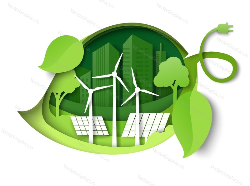 Зеленый лист с ветряными мельницами и солнечными батареями, деревья, силуэты городских зданий, векторная иллюстрация в стиле бумажного искусства. Берегите окружающую среду, экологию. Концепция зеленой энергетики.