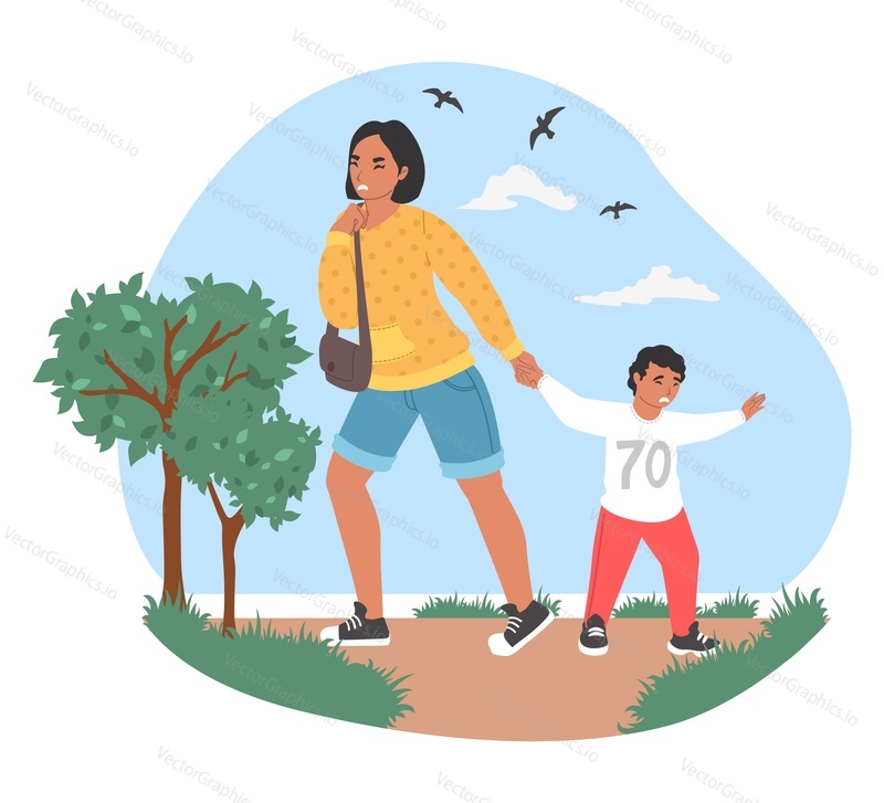 Напряженная мама, идущая по улице со своим непослушным ребенком, плоская векторная иллюстрация. Родительский стресс, отношения между родителями и детьми.