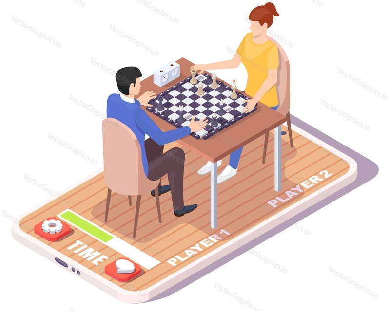 Молодые мужчина и женщина играют в шахматы на экране смартфона, плоская векторная изометрическая иллюстрация. Онлайн-турнир по шахматам. Мобильные игры.